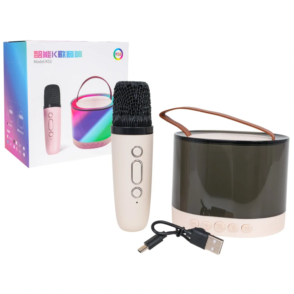 JOKO Karaoke Reproduktor s Mikrofónom a LED Svetlom + Kožená Rukoväť