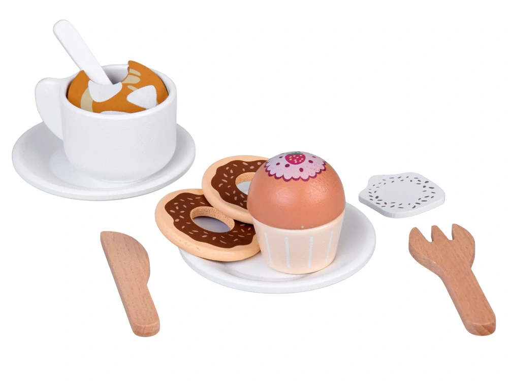 JOKO Detská Drevená Kaviareň, Cukráreň s Kávovarom, Pokladňou + zákusky, cupcakes, muffiny