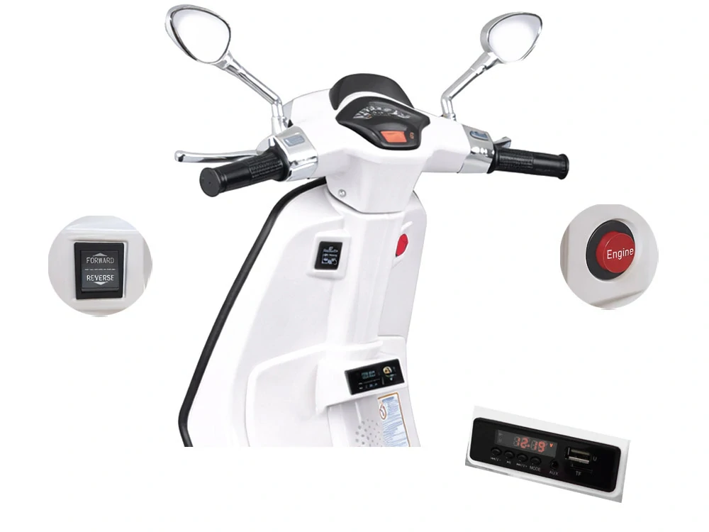 JOKO Elektrická Motorka Skúter Vespa, Kožené sedadlo, penové kolesá, FM rádio, biela