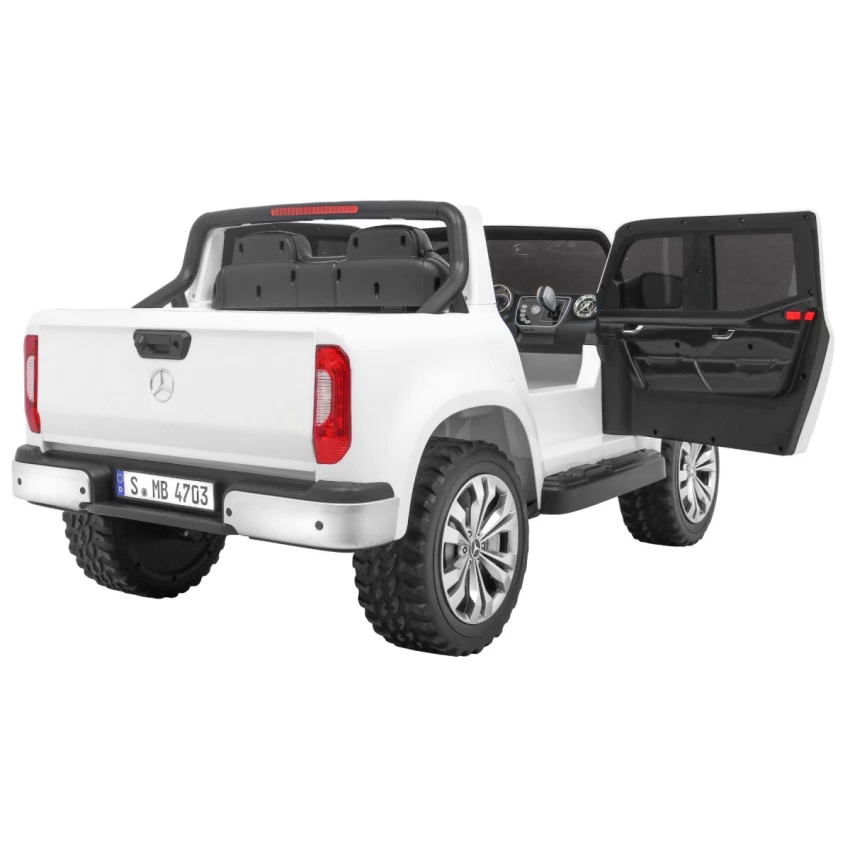 JOKO Elektrické autíčko Mercedes Benz X-Class, MP4 LCD panel, dvojmiestne, penové kolesá, kožené sedadlo, nosnosť 50kg, biele
