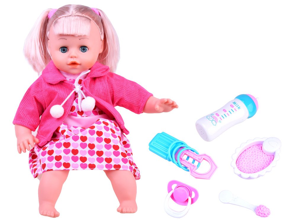 JOKO Interaktívna bábika 36cm, hovorí + fľaša na batérie + cumeľ, sukňa s kvietkami