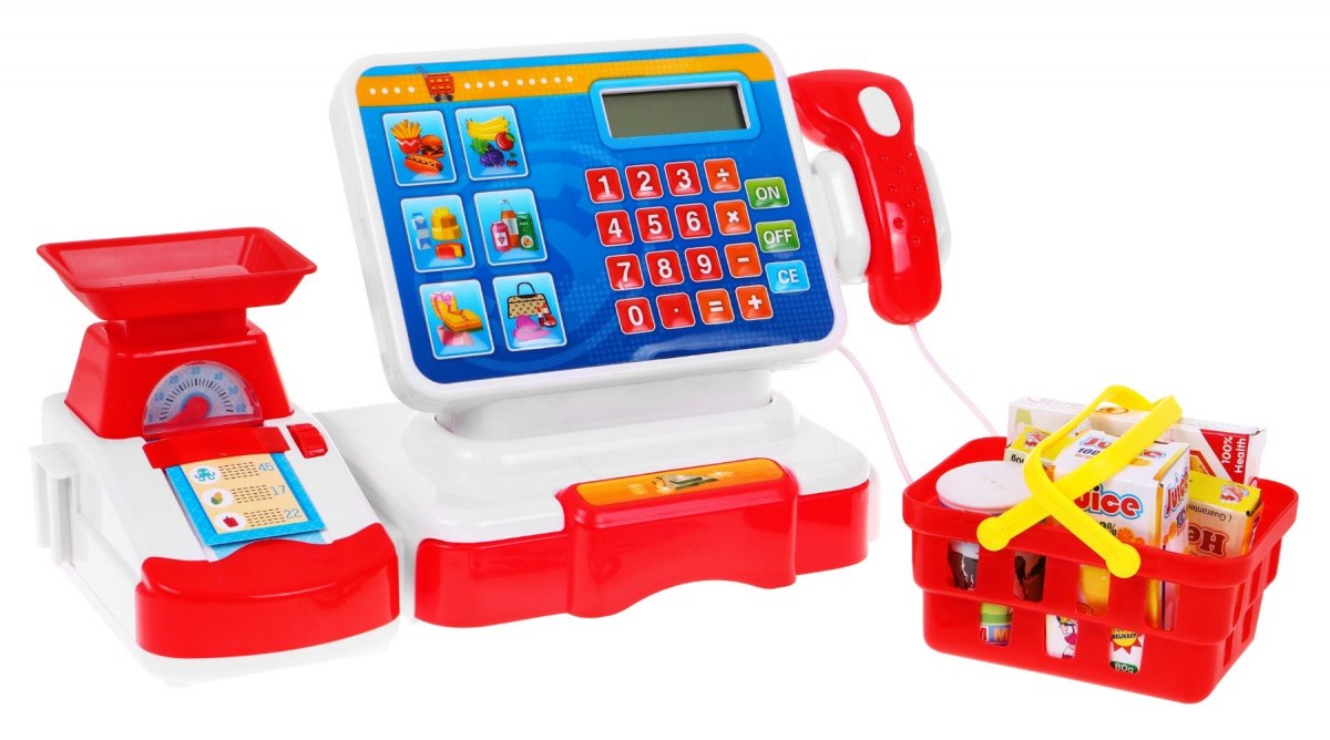 JOKO Detská dotyková pokladňa s váhou + nákupný košík s potravinami, červená