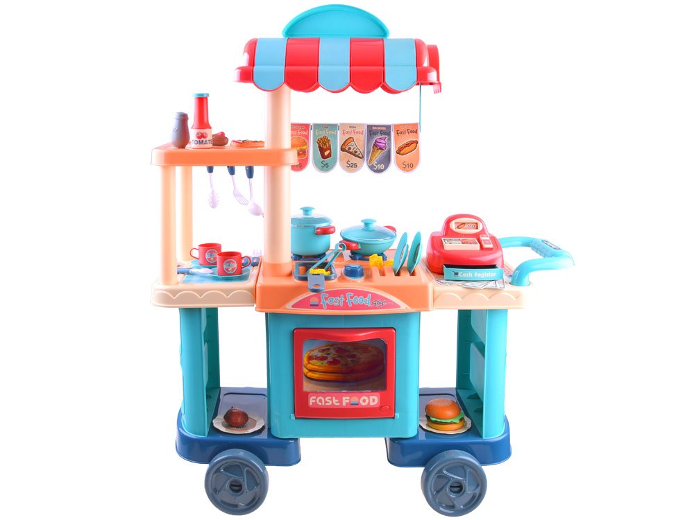 JOKO Veľký Detský Fast Food 90cm, obchod s rýchlym občerstvením, stánok na kolieskach + pokladňa + fritéza