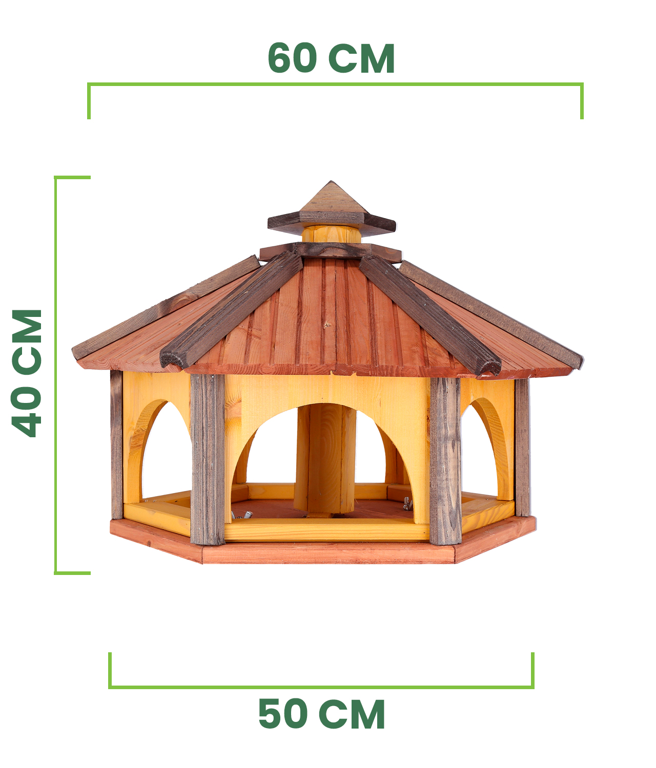 MKSTOR Drevené kŕmitko pre vtáky 60x50x40cm, vtáčia búdka so zásobníkom jedla, hnedá + Stojan na 4 nohách 120cm