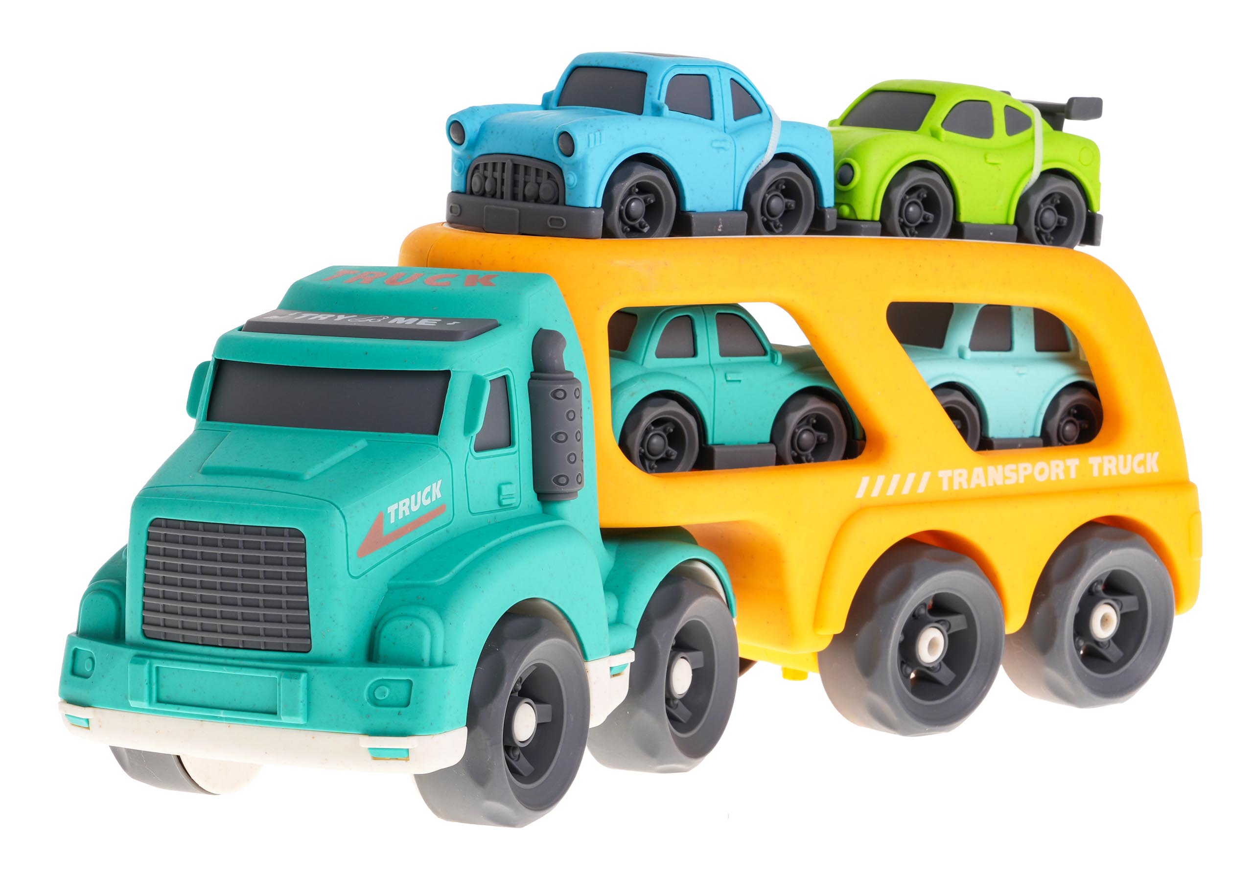 JOKO Interaktívny Kamión na prepravu autíčok z BIOplastu, Odťahovka so svetlom a zvukom + 4 autíčka, žltý