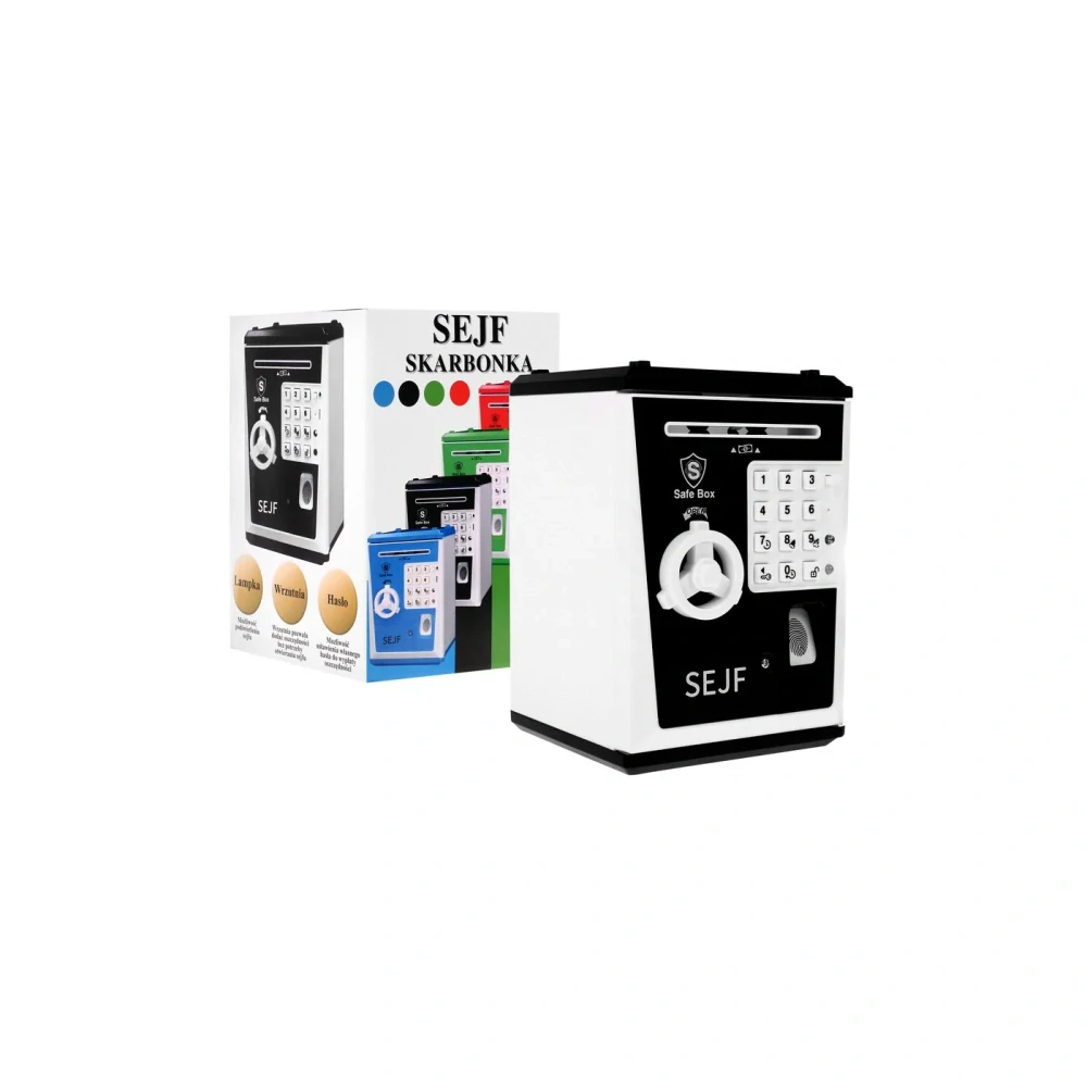 JOKO Detský Trezor na peniaze na PIN kód, pokladnička na batérie so svetlom a zvukom + imitácia odtlačku prstov, čierny