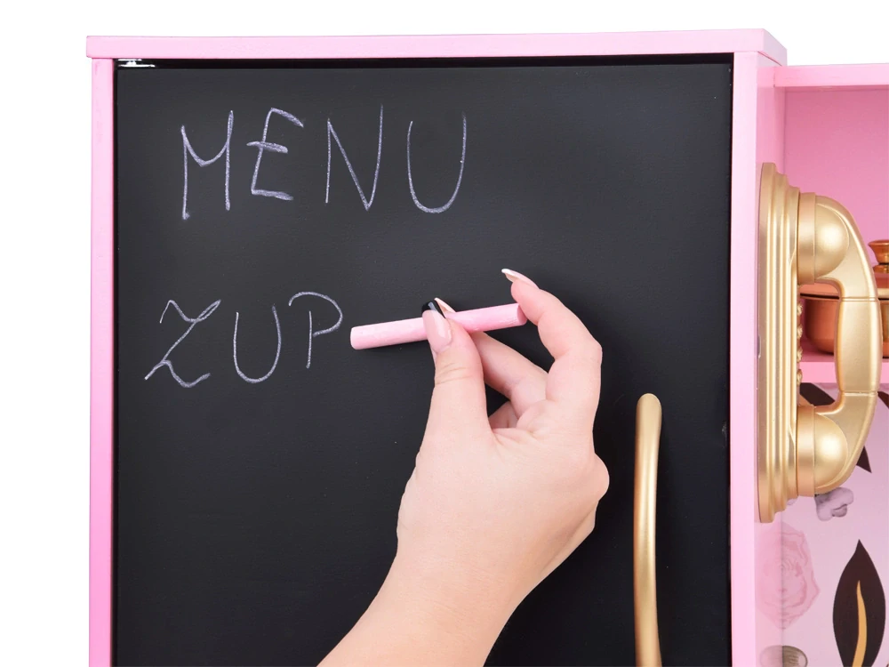 JOKO Veľká Drevená Kuchynka so svetlom, zvukom 82cm + Tabuľa a 12 kriedy + Dotykové LED svetlo, ružová