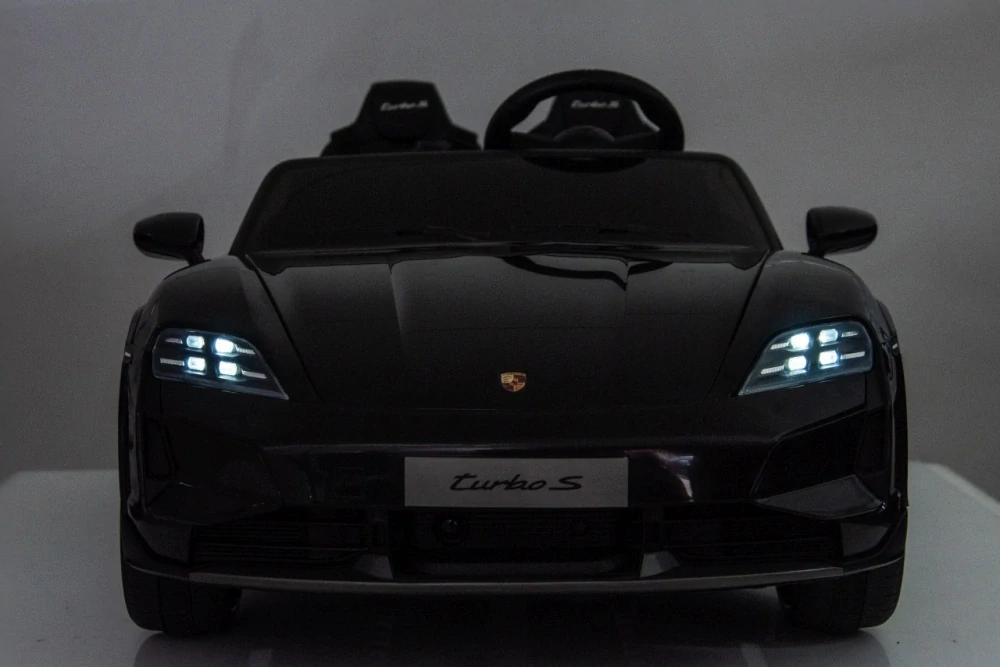 JOKO Elektrické autíčko Porsche Taycan Turbo S, penové kolesá, kožené sedadlo, čierne