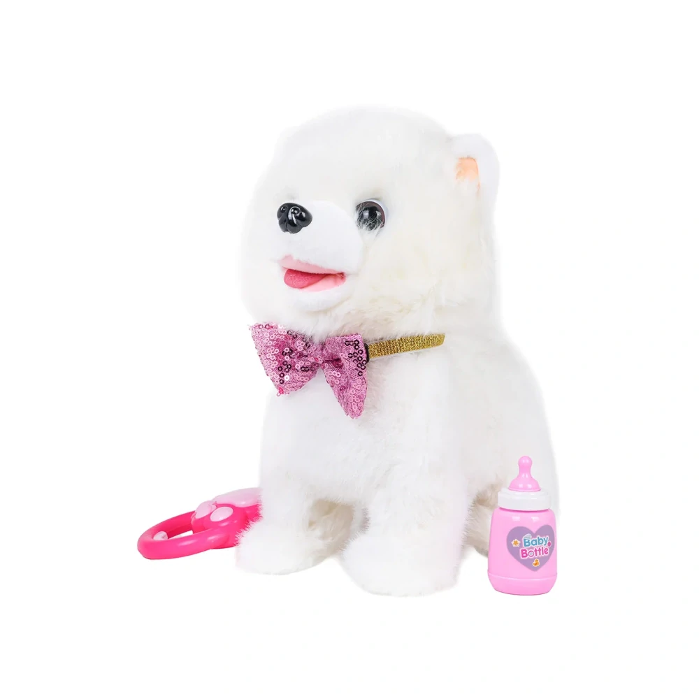 JOKO Interaktívny Pes na batérie s Funkciou Nahrávania, vyplazuje Jazyk, chodí, šteká, vrtí chvostom, hudba + fľaša, biely