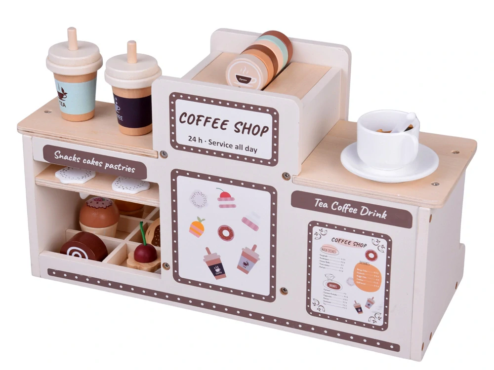 JOKO Detská Drevená Kaviareň, Cukráreň s Kávovarom, Pokladňou + zákusky, cupcakes, muffiny