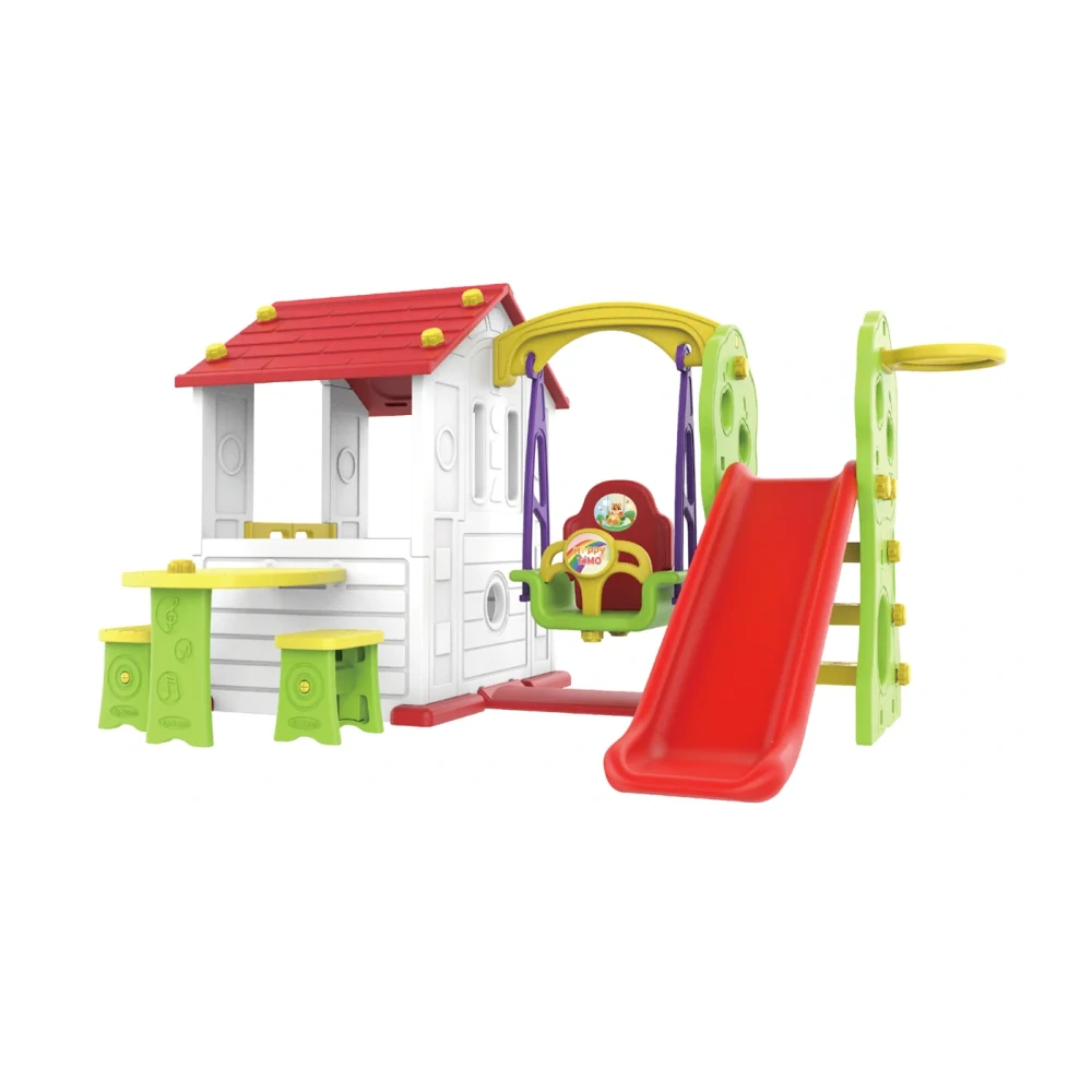 JOKO Detský Záhradný Plastový domček s Hojdačkou a Šmýkačkou + stôl s lavičkami + basketbalový kôš, biely s červenou strechou