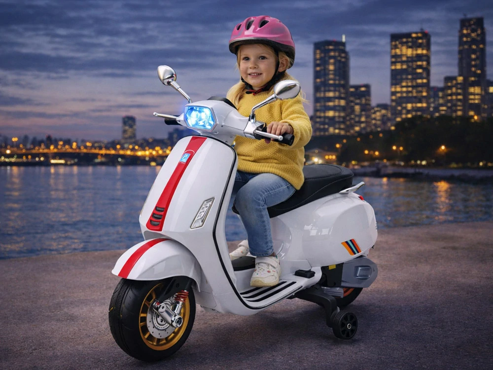 JOKO Elektrická Motorka Skúter Vespa, Kožené sedadlo, penové kolesá, FM rádio, biela