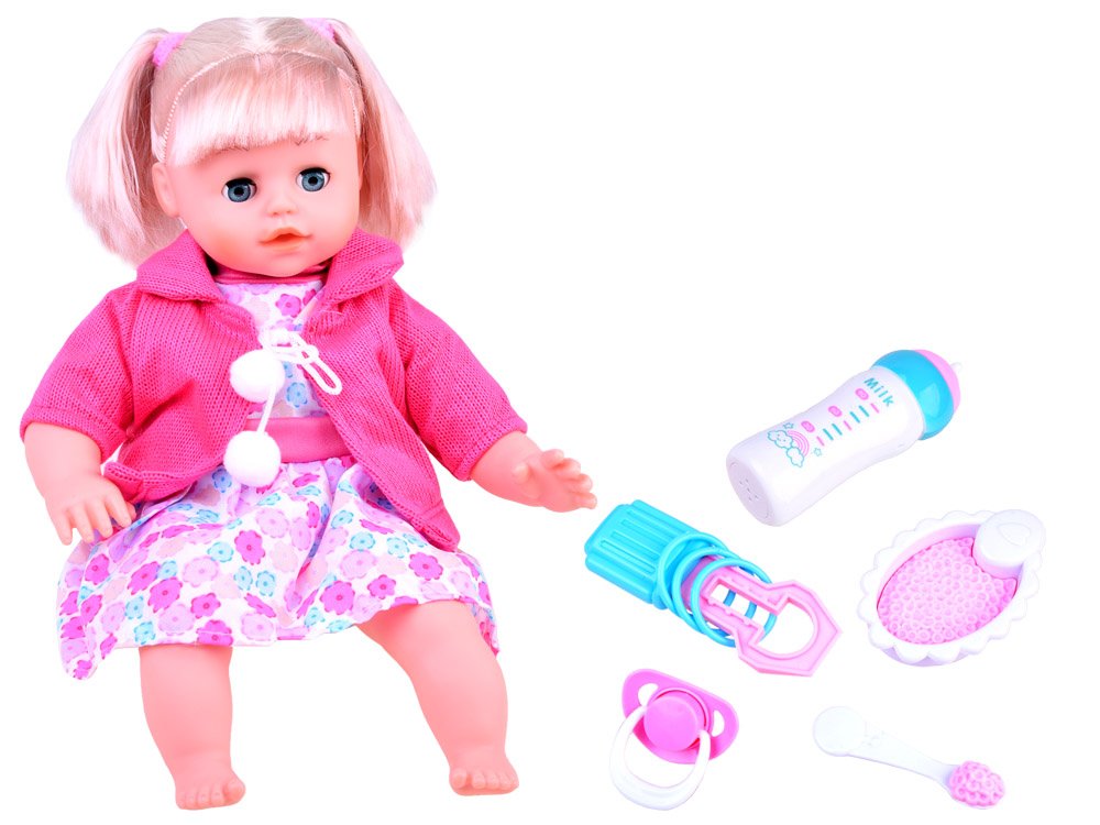 JOKO Interaktívna bábika 36cm, hovorí + fľaša na batérie + cumeľ, sukňa s kvietkami