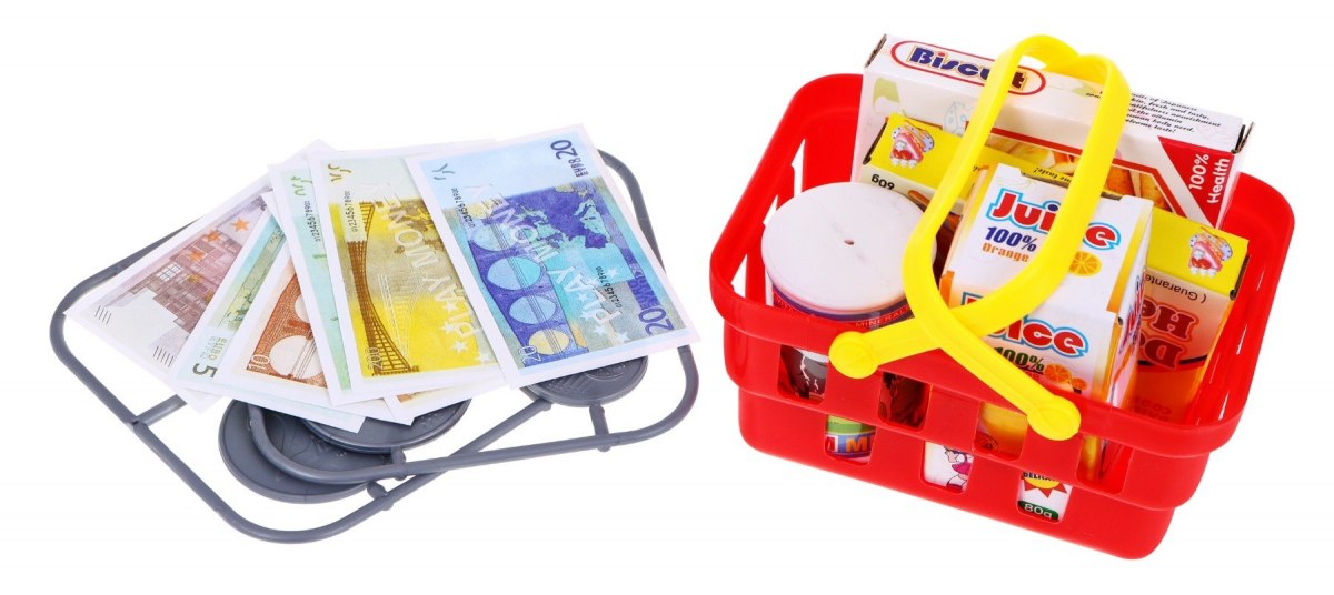JOKO Detská dotyková pokladňa s váhou + nákupný košík s potravinami, červená