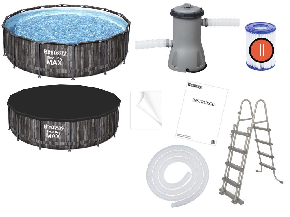 Bestway 5614Z Bazén s kovovu konštrukciou Steel Pro MAX WOOD 427x107cm + čerpadlo + plachta + rebrík, drevený dizajn