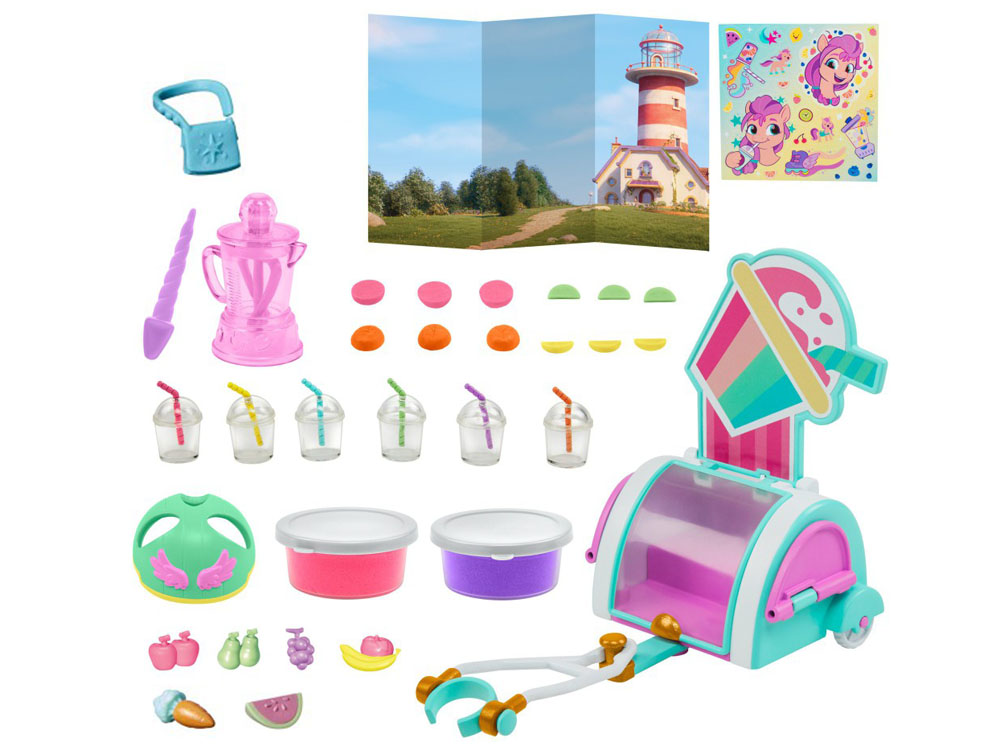 HASBRO SADA Koktejlový Bar Smoothie s vozíkom a Poníkom Pony Sunny Starscout My Little Pony + plastelína na výrobu koktejlov