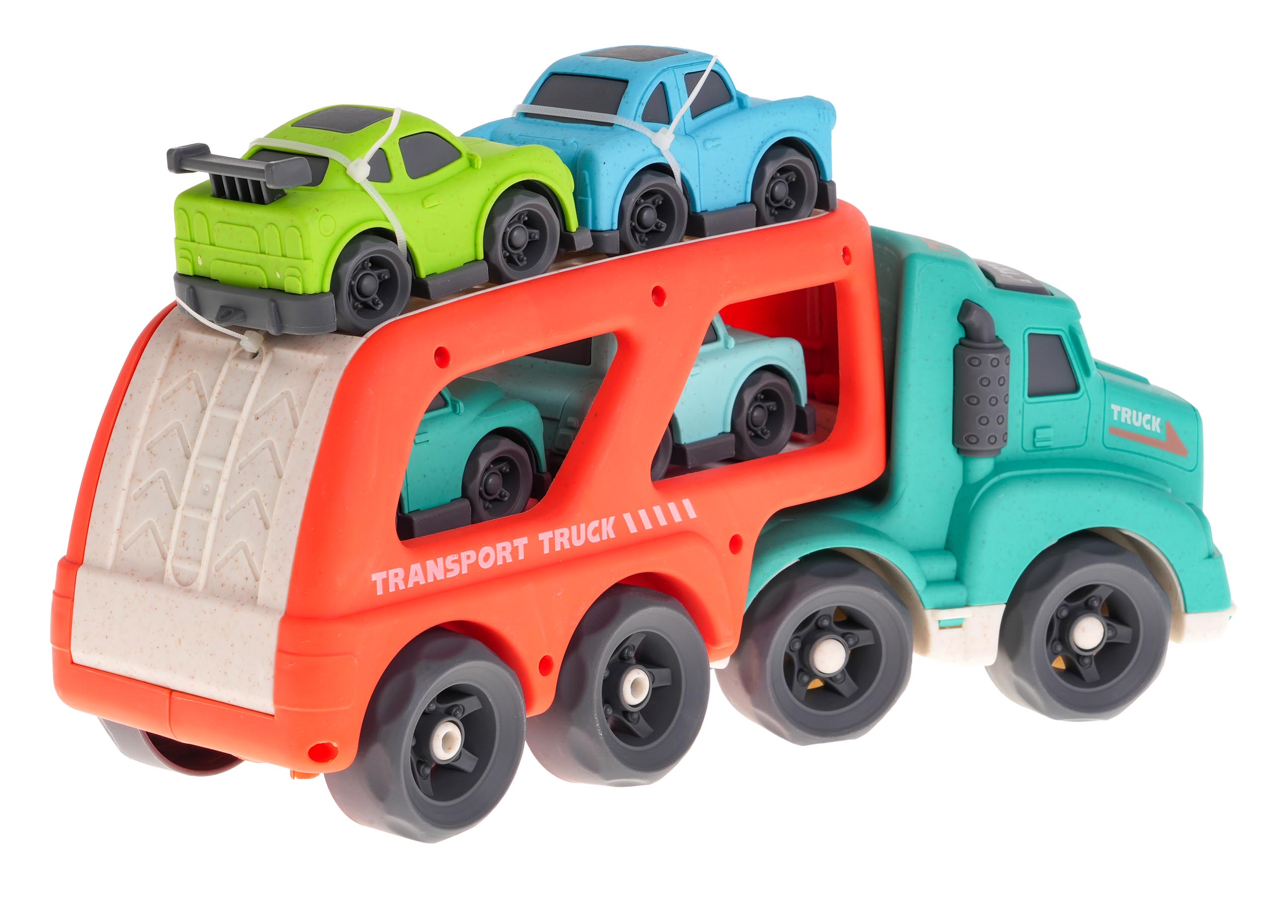 JOKO Interaktívny Kamión na prepravu autíčok z BIOplastu, Odťahovka so svetlom a zvukom + 4 autíčka, červený