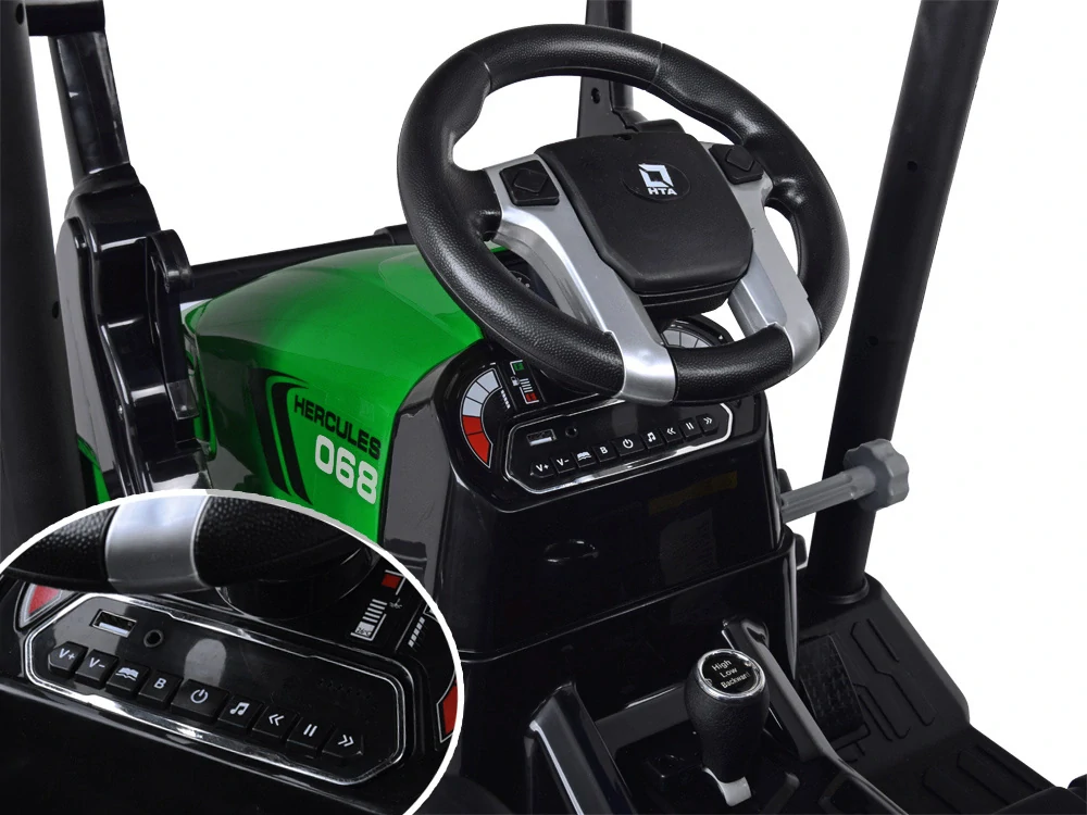 JOKO Veľký Elektrický Traktor s Kabínou 2x200W 24V s Pohyblivou Prednou Radlicou a vlečkou, hudobný panel, LED svetlá, Diaľkové ovládanie, zelený