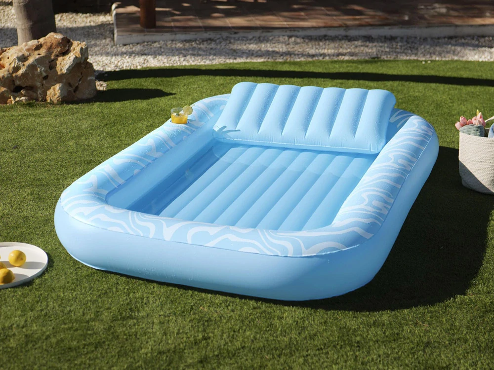 Bestway 43838 Nafukovací Matrac Sun-Kissed™ 214x155cm s vankúšom + držiak na pohár, nosnsoť 100kg, modrý