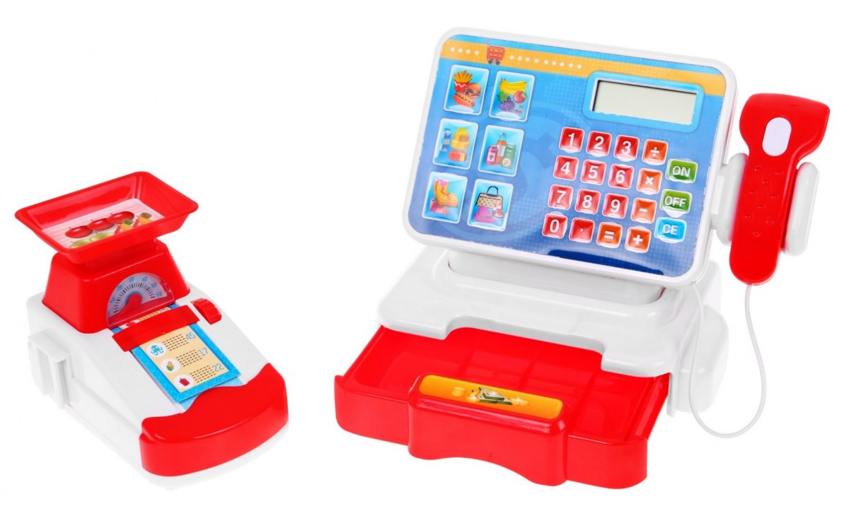 JOKO Detská dotyková pokladňa s váhou + nákupný košík s potravinami, červená