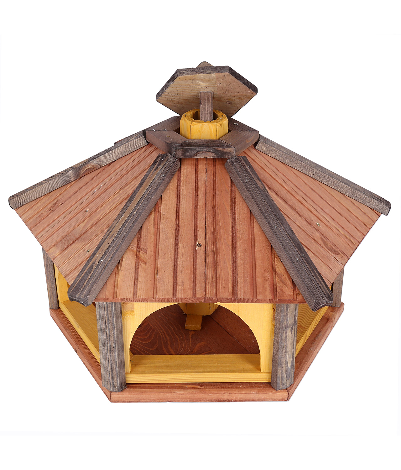 MKSTOR Drevené kŕmitko pre vtáky 60x50x40cm, vtáčia búdka so zásobníkom jedla, hnedá + Stojan na 4 nohách 120cm