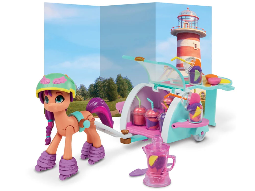HASBRO SADA Koktejlový Bar Smoothie s vozíkom a Poníkom Pony Sunny Starscout My Little Pony + plastelína na výrobu koktejlov