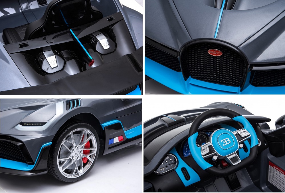JOKO Elektrické autíčko Bugatti Divo, penové kolesá, odpružené, kožené sedadlo, USB, sivé-šedé