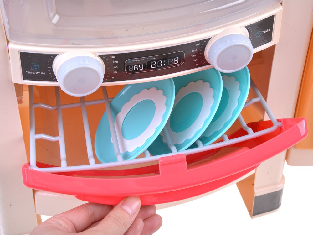 JOKO Veľká Detská Kuchynka 100cm s Parou, tečúcou vodou, svetlo + zvuk, kávovar, Mobil na batérie + krájacie potraviny, ružová