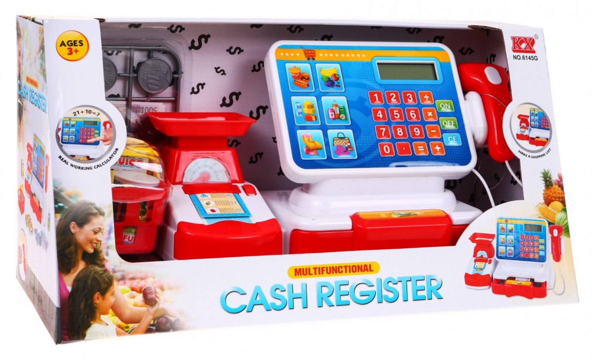 JOKO Detská dotyková pokladňa s váhou + nákupný košík s potravinami, červená