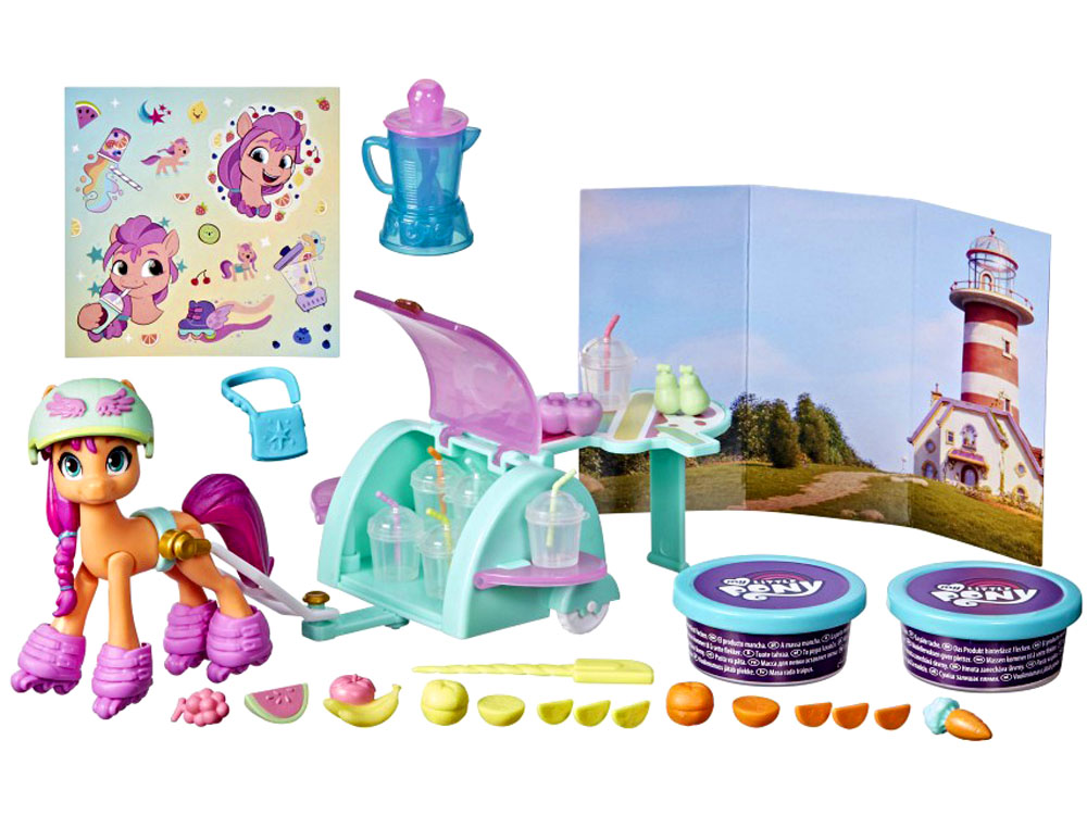 HASBRO SADA Koktejlový Bar Smoothie s vozíkom a Poníkom Pony Sunny Starscout My Little Pony + plastelína na výrobu koktejlov