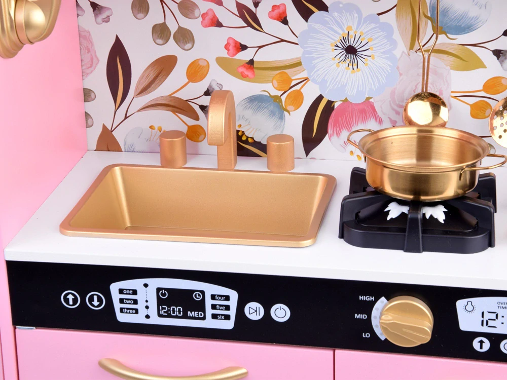 JOKO Veľká Drevená Kuchynka so svetlom, zvukom 82cm + Tabuľa a 12 kriedy + Dotykové LED svetlo, ružová