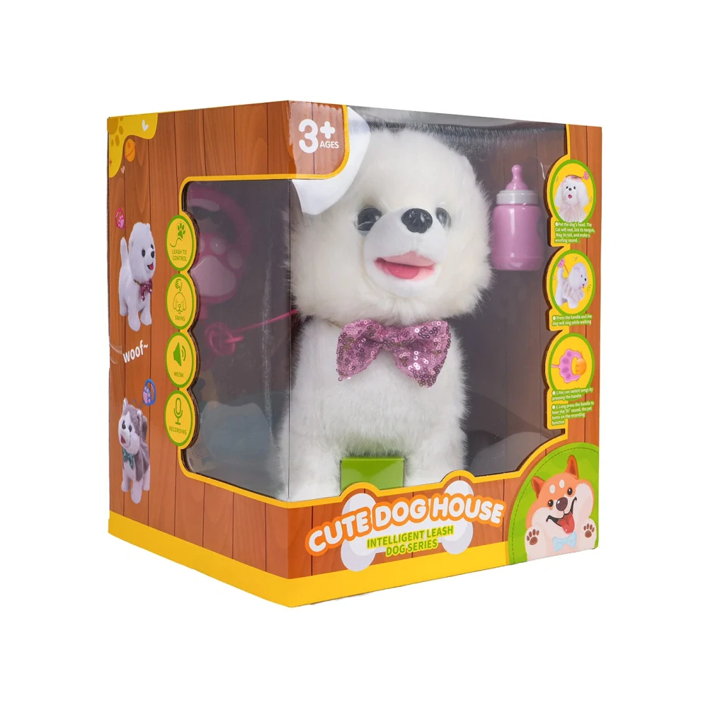 JOKO Interaktívny Pes na batérie s Funkciou Nahrávania, vyplazuje Jazyk, chodí, šteká, vrtí chvostom, hudba + fľaša, biely