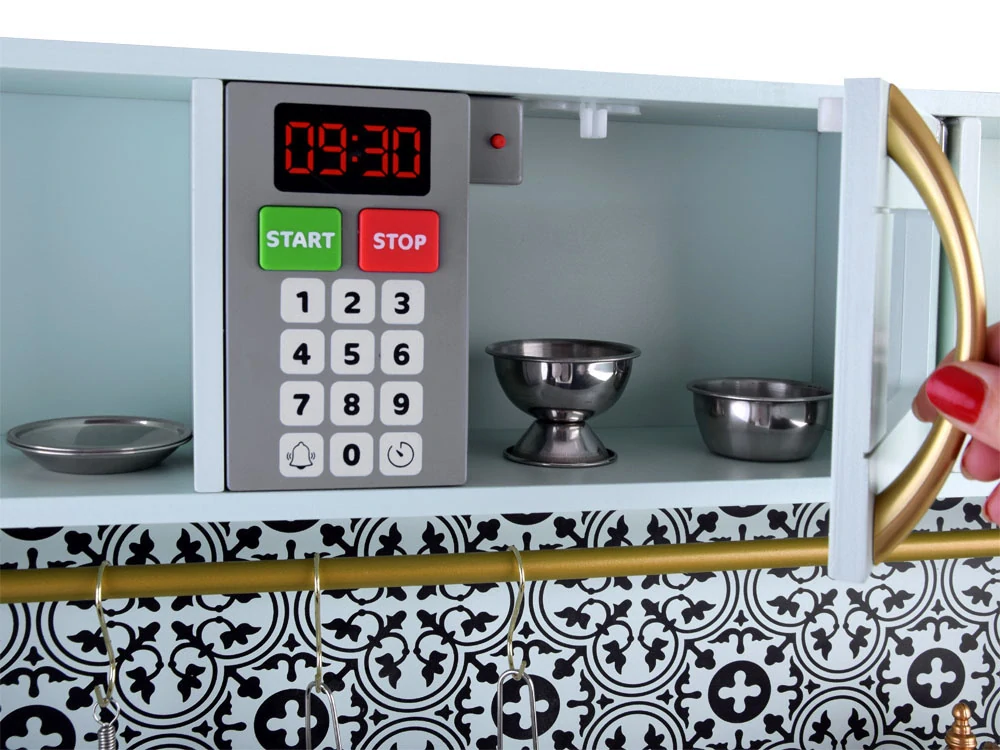 JOKO Veľká Detská Drevená Kuchynka 90cm so svetlom a zvukom + Detská kuchynská zástera, zelená mätová