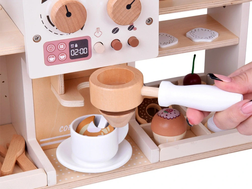 JOKO Detská Drevená Kaviareň, Cukráreň s Kávovarom, Pokladňou + zákusky, cupcakes, muffiny