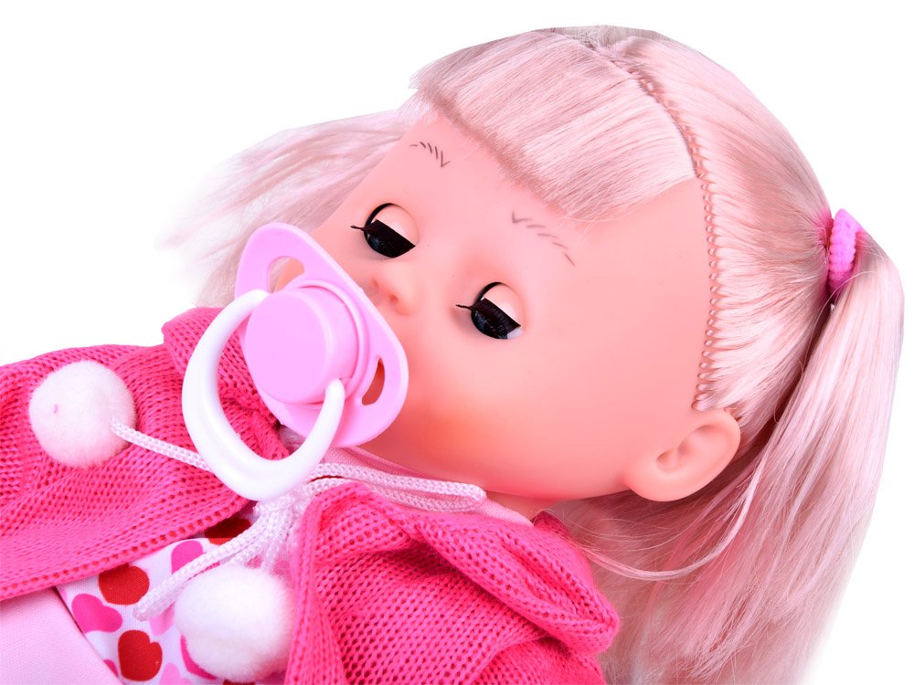 JOKO Interaktívna bábika 36cm, hovorí + fľaša na batérie + cumeľ, sukňa s kvietkami