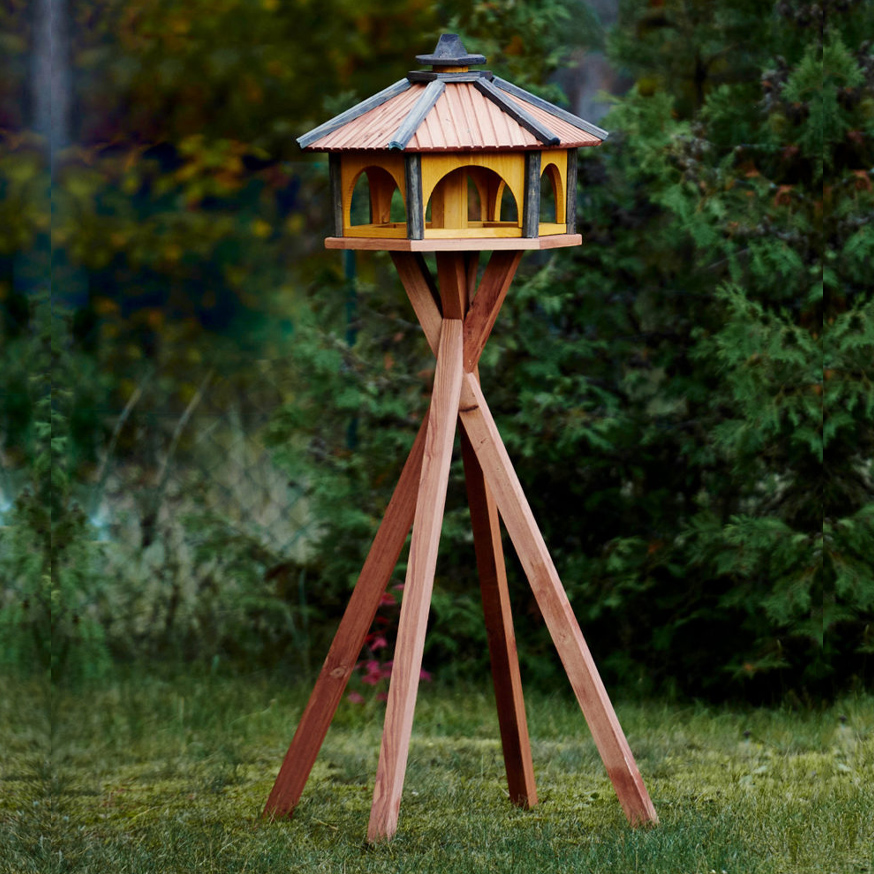 MKSTOR Drevené kŕmitko pre vtáky 60x50x40cm, vtáčia búdka so zásobníkom jedla, hnedá + Stojan na 4 nohách 120cm