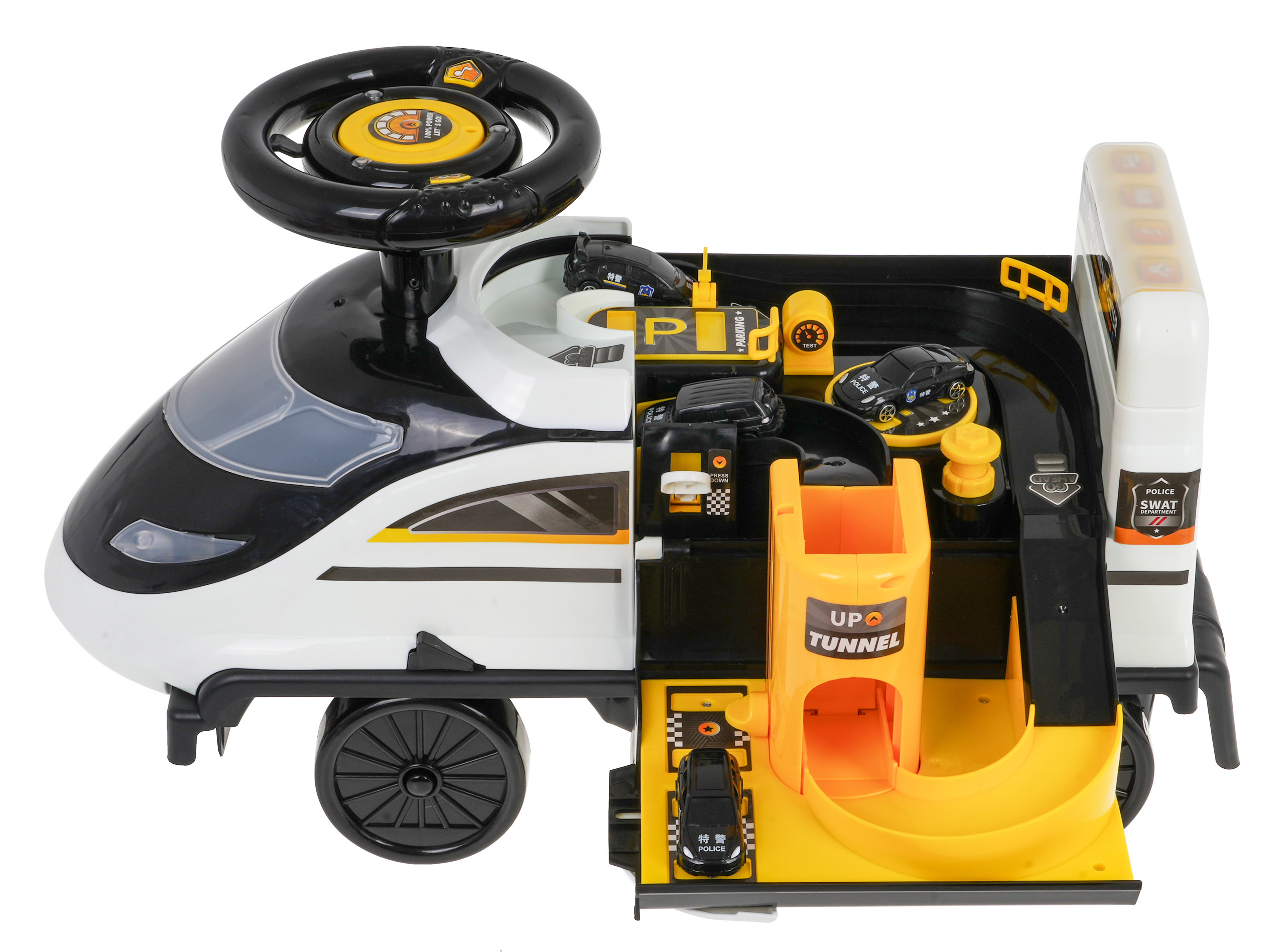 JOKO Detské Odrážadlo Vláčik 2v1 + Parkovisko pre Policajné autá + 4 autíčka + zvukové a svetelné efekty, čierne