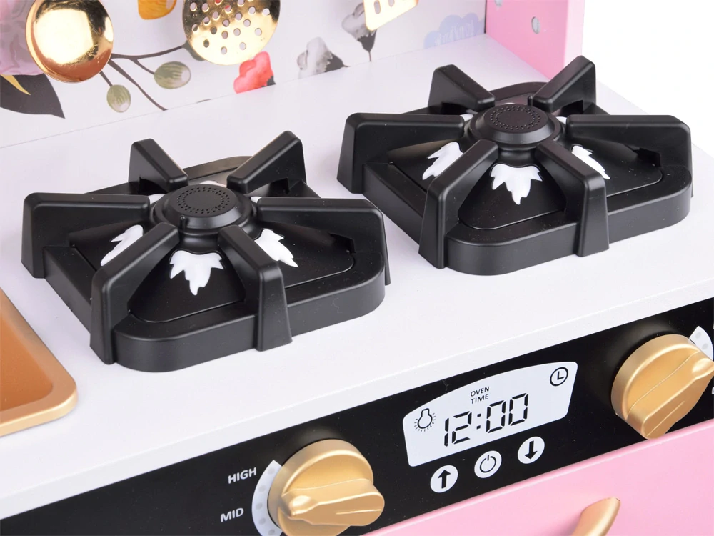 JOKO Veľká Drevená Kuchynka so svetlom, zvukom 82cm + Tabuľa a 12 kriedy + Dotykové LED svetlo, ružová