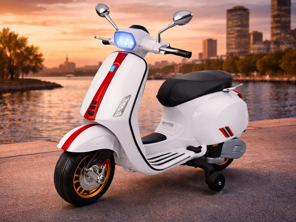 JOKO Elektrická Motorka Skúter Vespa, Kožené sedadlo, penové kolesá, FM rádio, biela