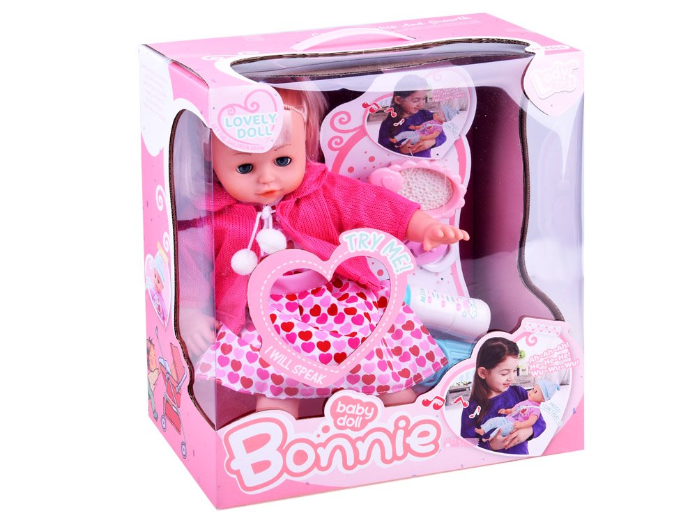 JOKO Interaktívna bábika 36cm, hovorí + fľaša na batérie + cumeľ, sukňa s kvietkami