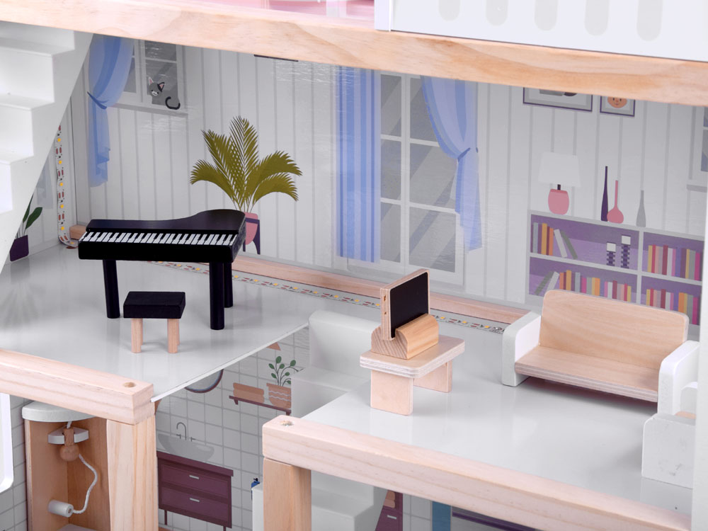 JOKO Veľký Detský Drevený domček pre bábiky 78cm s LED svetlom a nábytkom, biely