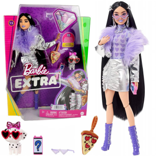 Mattel Barbie Extra Strieborné šaty s fialovým boa + psík Dalmatínec GRN27