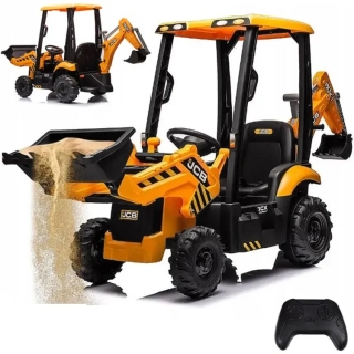 JOKO Elektrický Traktor JCB, Bager 4v1 s Kabínou a zadnou Lyžicou, diaľkové ovládanie, nosnosť 30kg, žltý
