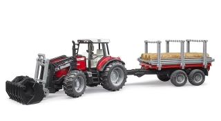 Bruder, Traktor Massey Ferguson 7480 s predným nakladačom a prívesom na drevo, 1:16